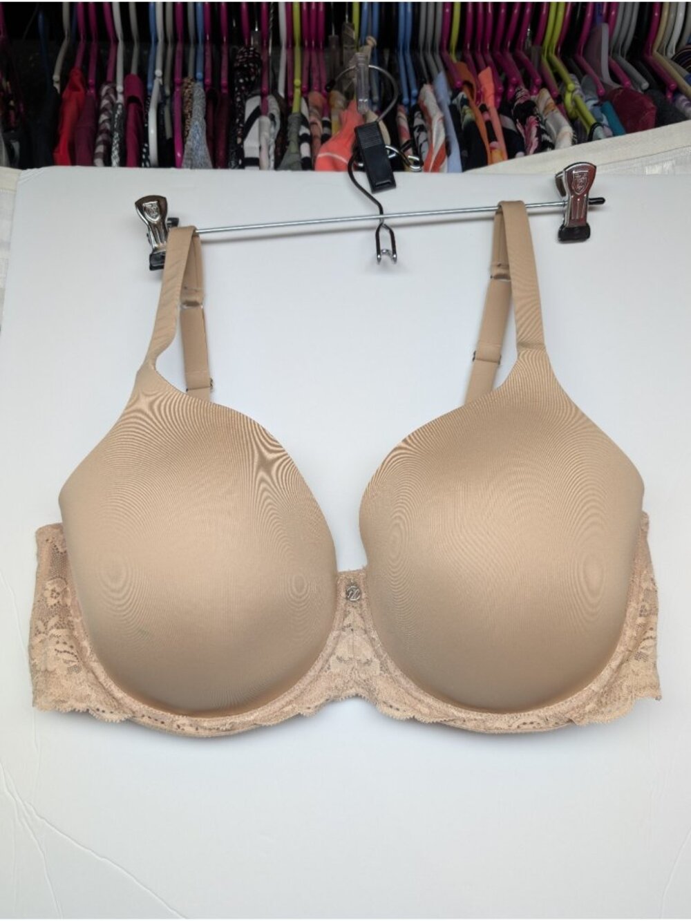 Montelle Pure Plus Bra Womens 40E Beige Lace Trim Full Coverage T-Shirt Wired